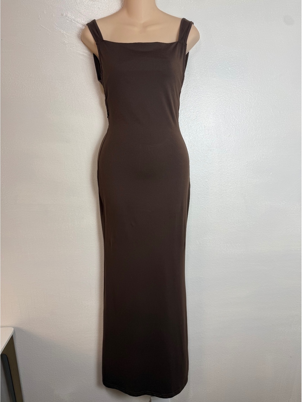 SHEIN Brown Open Back Bodycon Maxi Dress XS Tie Back Square Neck